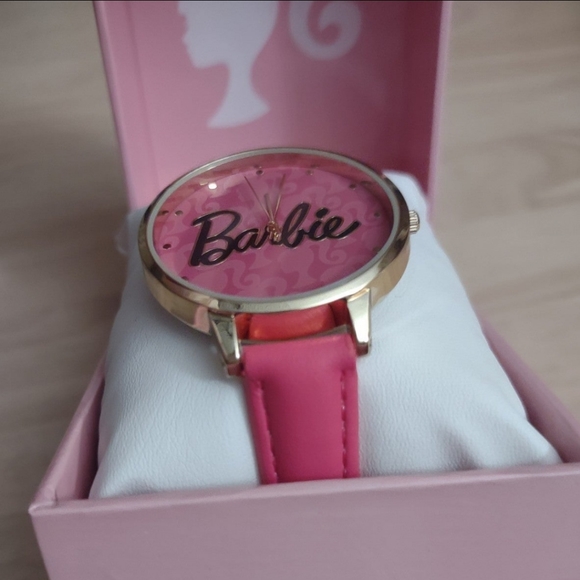 Barbie Iconic Silhouette Logo Pink Leather Strap Gold Bezel Watch Y2K Bling main image 7